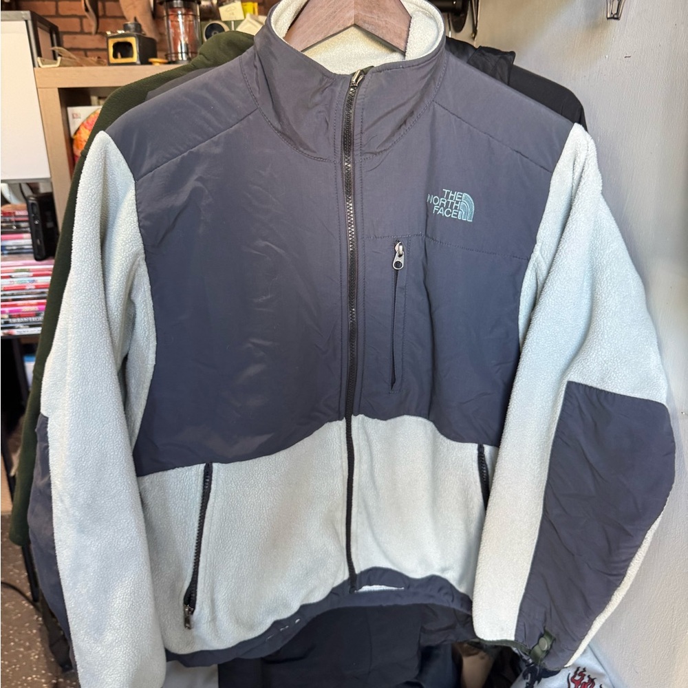 The NorthFace grey and light greenish blue fleece